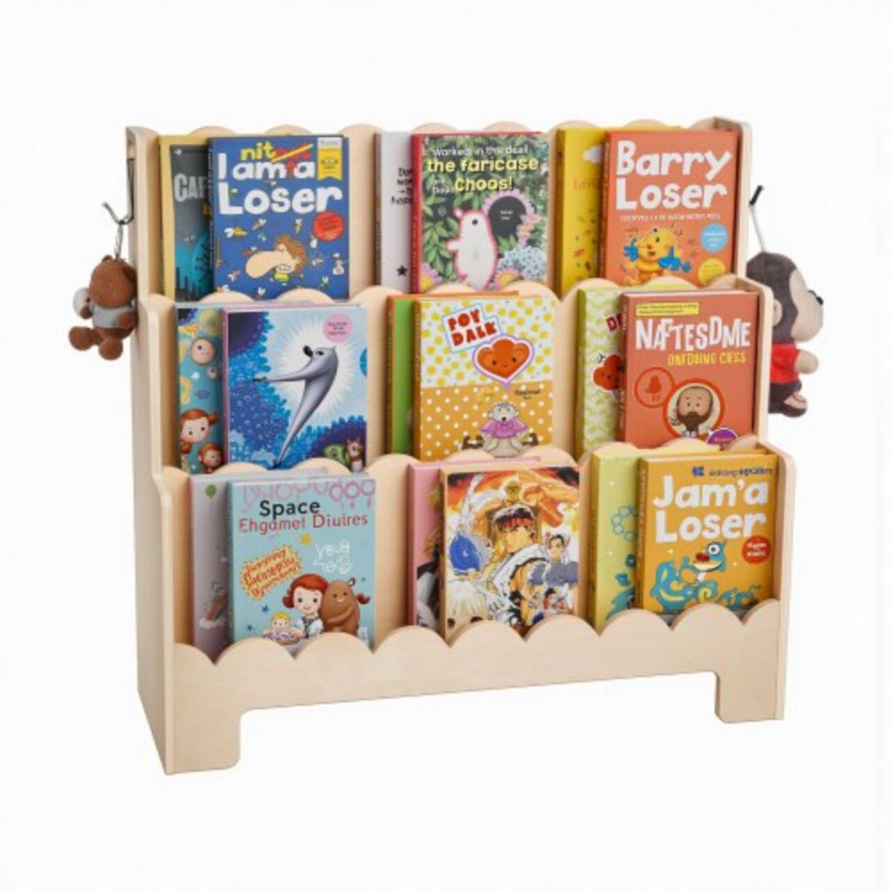 Natural Wood Scalloped Bookshelf for Kids with 3 Open Cubes Side Hooks, and Anti-Tip Design